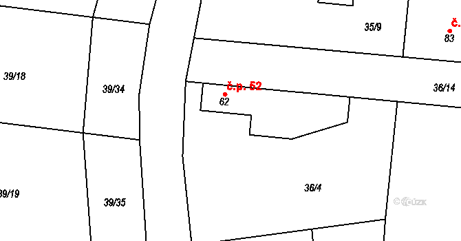 Máslovice 52 na parcele st. 62 v KÚ Máslovice, Katastrální mapa