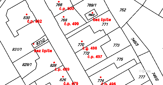 Kosmonosy 498 na parcele st. 770 v KÚ Kosmonosy, Katastrální mapa