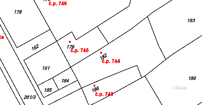 Březce 744, Štěpánov na parcele st. 182 v KÚ Březce, Katastrální mapa