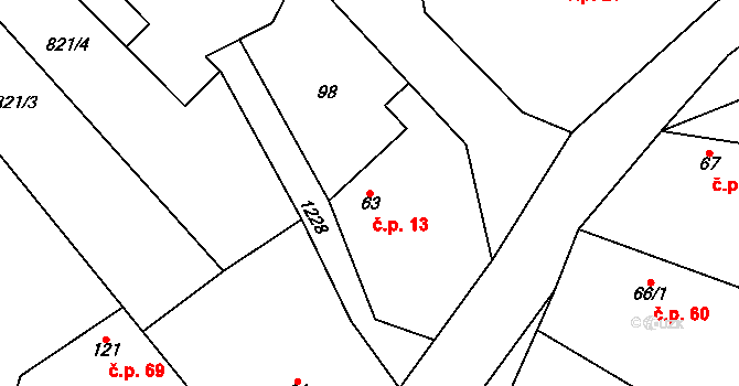 Markvartice 13 na parcele st. 63 v KÚ Markvartice u Sobotky, Katastrální mapa