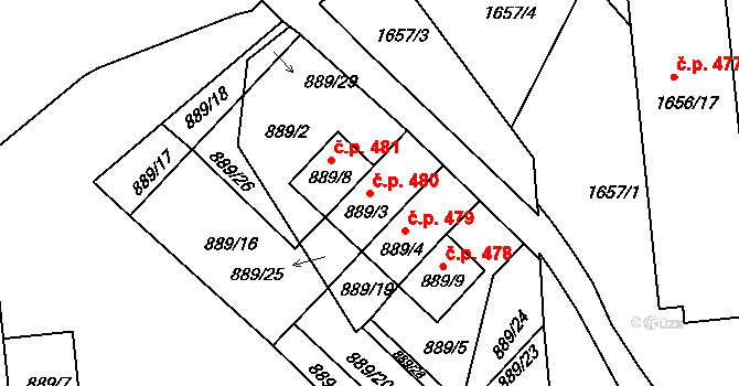 Podmoklice 480, Semily na parcele st. 889/3 v KÚ Semily, Katastrální mapa