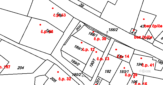 Šebrov 12, Šebrov-Kateřina na parcele st. 189/1 v KÚ Šebrov, Katastrální mapa