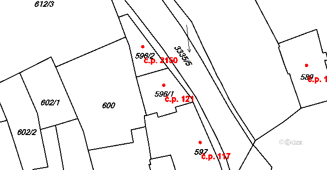 Pelhřimov 121 na parcele st. 596/1 v KÚ Pelhřimov, Katastrální mapa