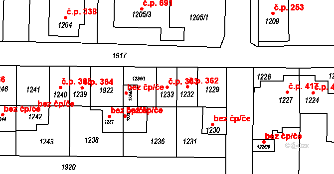 Zbýšov 363 na parcele st. 1233 v KÚ Zbýšov u Oslavan, Katastrální mapa
