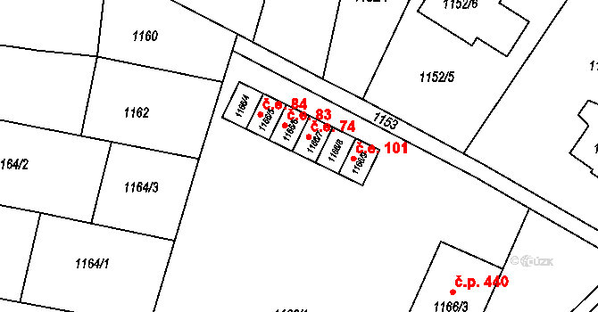 Pozořice 74 na parcele st. 1166/7 v KÚ Pozořice, Katastrální mapa