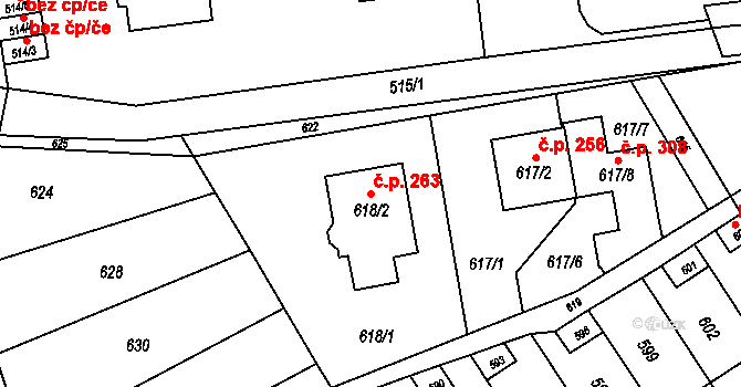 Pustiměřské Prusy 263, Pustiměř na parcele st. 618/2 v KÚ Pustiměř, Katastrální mapa