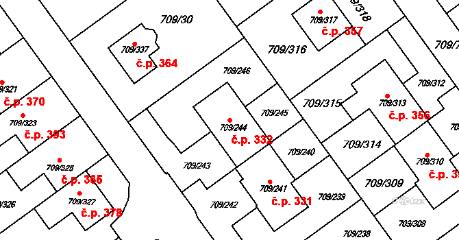 Popůvky 332 na parcele st. 709/244 v KÚ Popůvky u Brna, Katastrální mapa