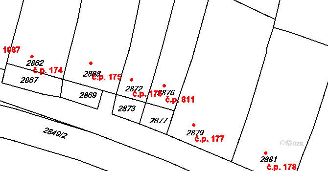 Kunovice 811 na parcele st. 2876 v KÚ Kunovice u Uherského Hradiště, Katastrální mapa