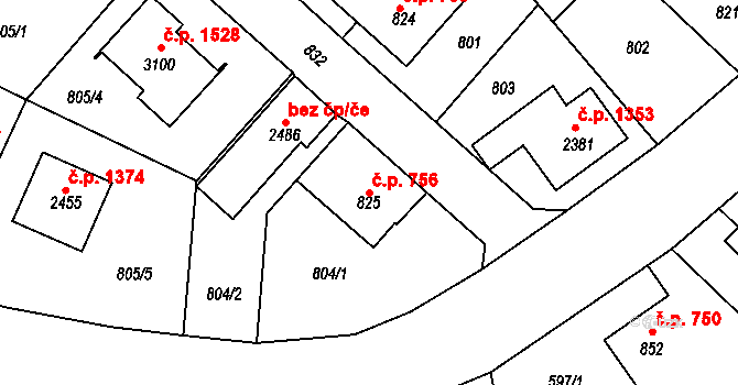 Neratovice 756 na parcele st. 825 v KÚ Neratovice, Katastrální mapa