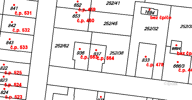 Rosice 564, Pardubice na parcele st. 937 v KÚ Rosice nad Labem, Katastrální mapa