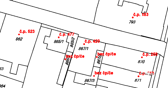 Mohelnice 420 na parcele st. 867/1 v KÚ Mohelnice, Katastrální mapa