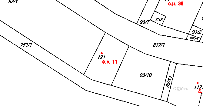 Trhomné 11, Krsy na parcele st. 121 v KÚ Trhomné, Katastrální mapa
