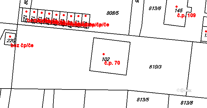Čestice 70 na parcele st. 102 v KÚ Čestice u Častolovic, Katastrální mapa