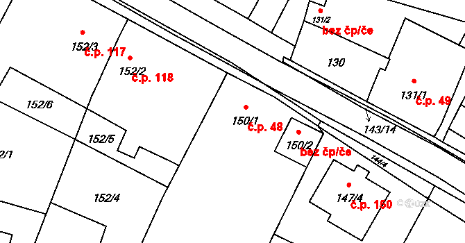 Těšetice 48 na parcele st. 150/1 v KÚ Těšetice u Znojma, Katastrální mapa