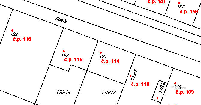Hořátev 114 na parcele st. 121 v KÚ Hořátev, Katastrální mapa