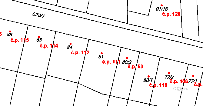 Želatovice 111 na parcele st. 81 v KÚ Želatovice, Katastrální mapa