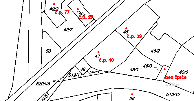 Chvalešovice 40, Dříteň na parcele st. 47 v KÚ Chvalešovice, Katastrální mapa