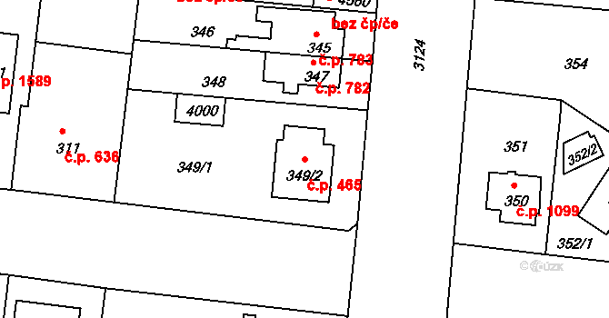 Čelákovice 465 na parcele st. 349/2 v KÚ Čelákovice, Katastrální mapa