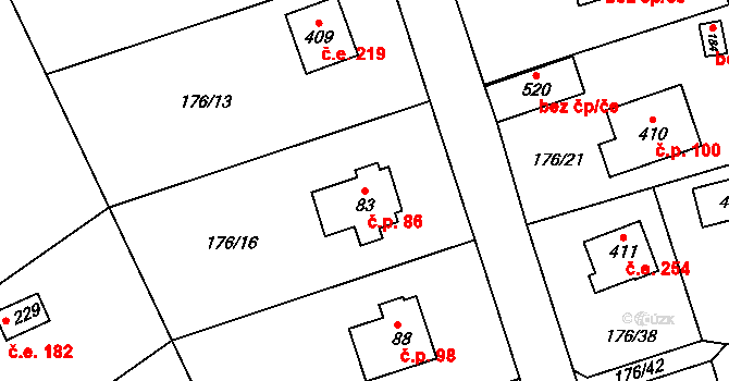 Hostěradice 86, Kamenný Přívoz na parcele st. 83 v KÚ Hostěradice, Katastrální mapa