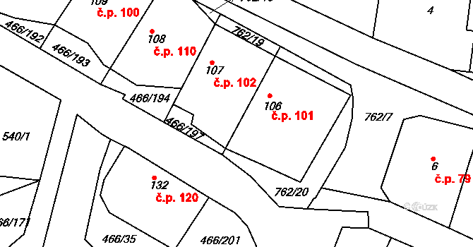 Broumy 101 na parcele st. 106 v KÚ Broumy, Katastrální mapa