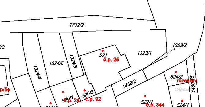 Nové Město 25, Třebíč na parcele st. 521 v KÚ Třebíč, Katastrální mapa