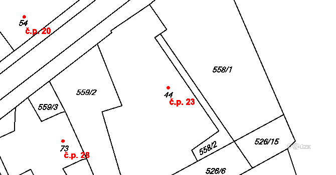 Hubíles 23, Smržov na parcele st. 44 v KÚ Hubíles, Katastrální mapa