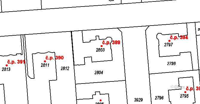 Modřany 389, Praha na parcele st. 2803 v KÚ Modřany, Katastrální mapa