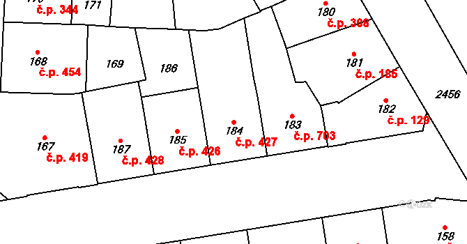 Vršovice 427, Praha na parcele st. 184 v KÚ Vršovice, Katastrální mapa