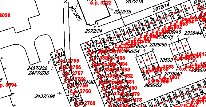 Hodonín 485 na parcele st. 2936/14 v KÚ Hodonín, Katastrální mapa