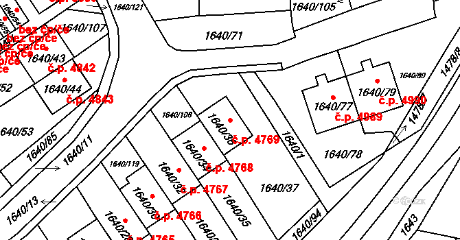 Chomutov 4769 na parcele st. 1640/36 v KÚ Chomutov I, Katastrální mapa