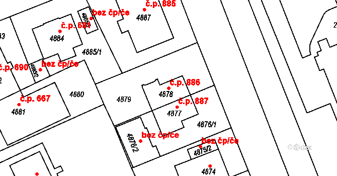 Východní Předměstí 886, Plzeň na parcele st. 4878 v KÚ Plzeň, Katastrální mapa