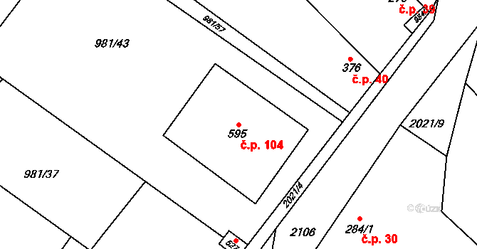 Bělušice 104 na parcele st. 595 v KÚ Bělušice, Katastrální mapa