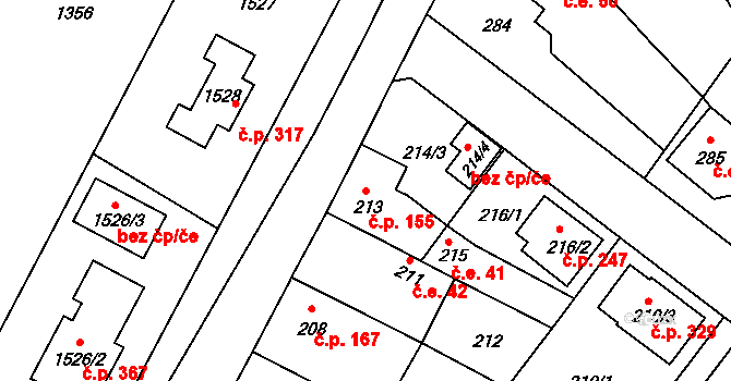 Radčice 155, Plzeň na parcele st. 213 v KÚ Radčice u Plzně, Katastrální mapa