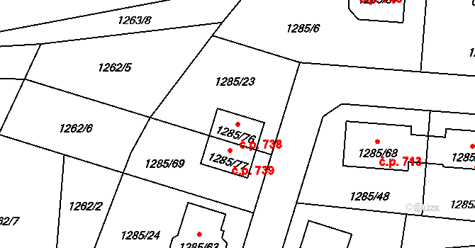 Tlučná 738 na parcele st. 1285/76 v KÚ Tlučná, Katastrální mapa
