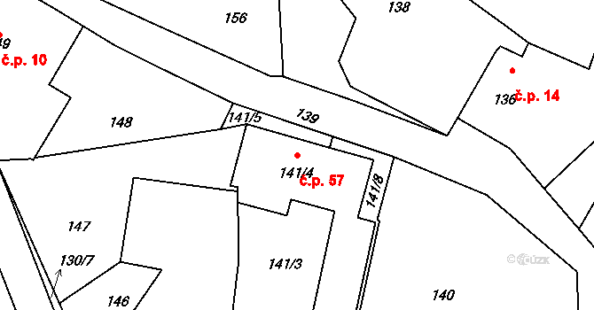 Kozičín 57, Příbram na parcele st. 141/4 v KÚ Kozičín, Katastrální mapa