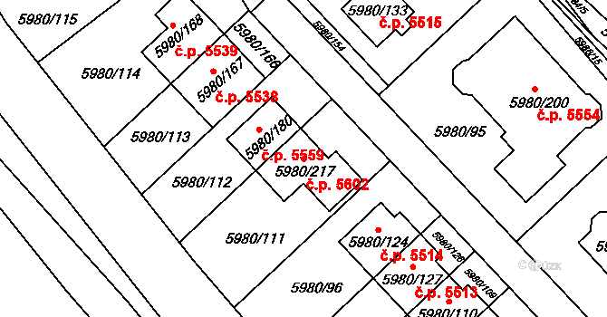 Chomutov 5602 na parcele st. 5980/217 v KÚ Chomutov I, Katastrální mapa