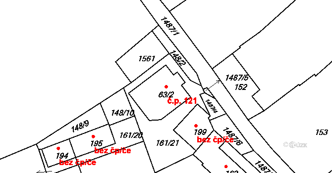 Zvěrotice 121 na parcele st. 63/2 v KÚ Zvěrotice, Katastrální mapa