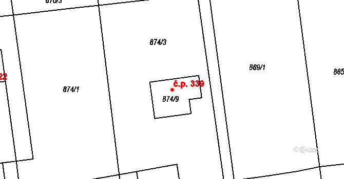 Dolní Líštná 339, Třinec na parcele st. 874/9 v KÚ Dolní Líštná, Katastrální mapa