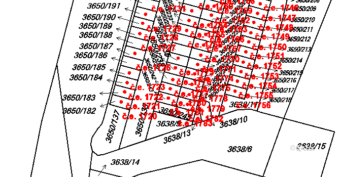 Jindřichův Hradec III 1780, Jindřichův Hradec na parcele st. 3650/242 v KÚ Jindřichův Hradec, Katastrální mapa