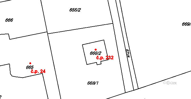 Horní Žukov 232, Český Těšín na parcele st. 668/2 v KÚ Horní Žukov, Katastrální mapa