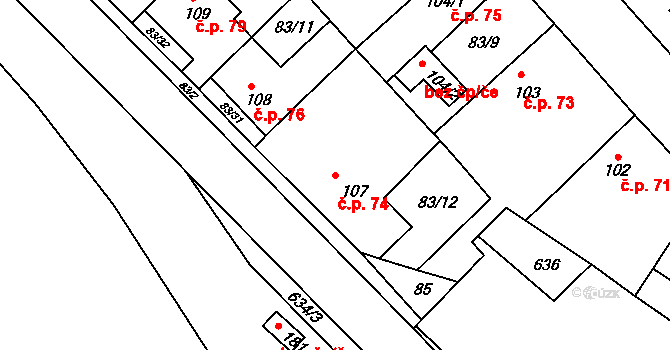 Jiřice 74, Kostelec nad Labem na parcele st. 107 v KÚ Jiřice u Kostelce nad Labem, Katastrální mapa