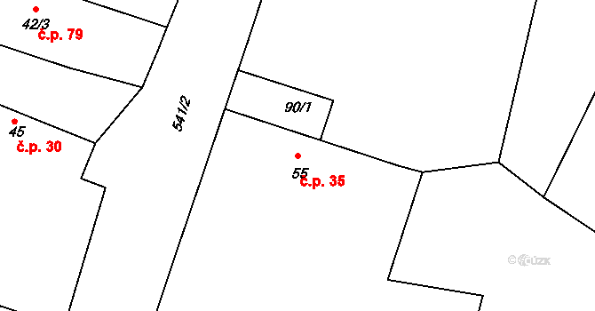 Tachlovice 35 na parcele st. 55 v KÚ Tachlovice, Katastrální mapa