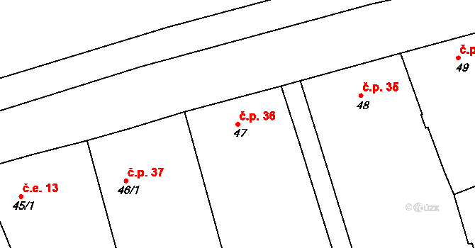 Mutěnín 36 na parcele st. 47 v KÚ Mutěnín, Katastrální mapa