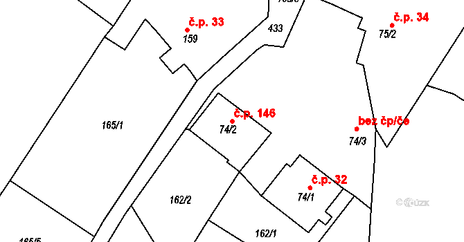 Klabava 146 na parcele st. 74/2 v KÚ Klabava, Katastrální mapa