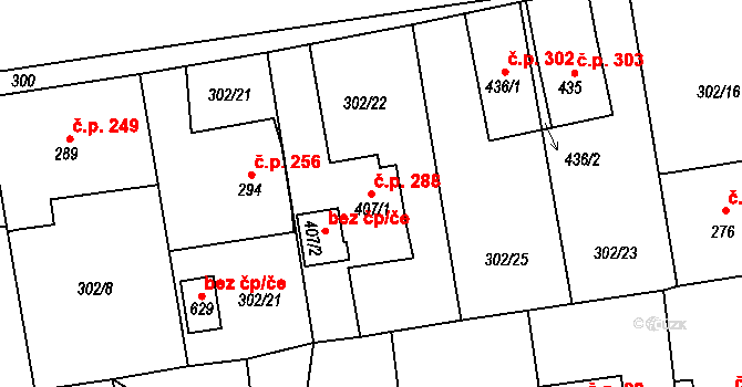 Velká Ves 288, Broumov na parcele st. 407/1 v KÚ Velká Ves u Broumova, Katastrální mapa