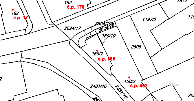 Humpolec 185 na parcele st. 150/1 v KÚ Humpolec, Katastrální mapa