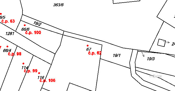 Hřivice 62 na parcele st. 67 v KÚ Hřivice, Katastrální mapa