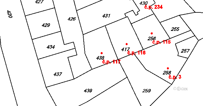 Přerov VII-Čekyně 117, Přerov na parcele st. 438 v KÚ Čekyně, Katastrální mapa