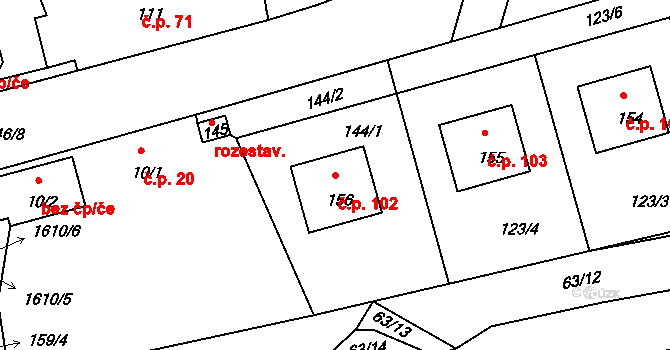 Hůrky 102, Lišov na parcele st. 156 v KÚ Hůrky u Lišova, Katastrální mapa