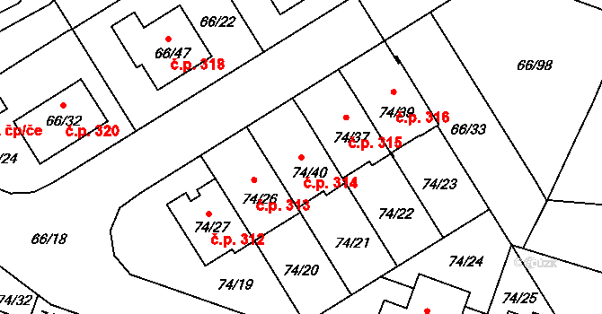 Stará Pohůrka 314, Srubec na parcele st. 74/40 v KÚ Srubec, Katastrální mapa
